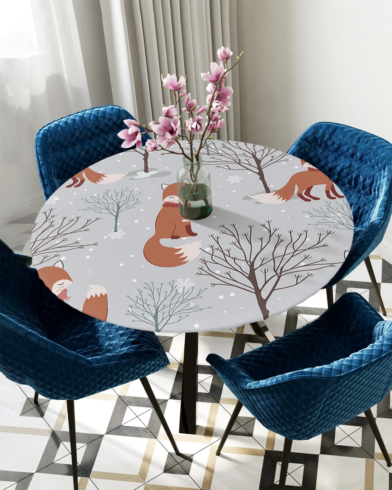 

Cartoon Fox Branches Forest Snow Round Rectangular Table Cover Waterproof Elastic Tablecloth For Kitchen Table Cloth Home Decor