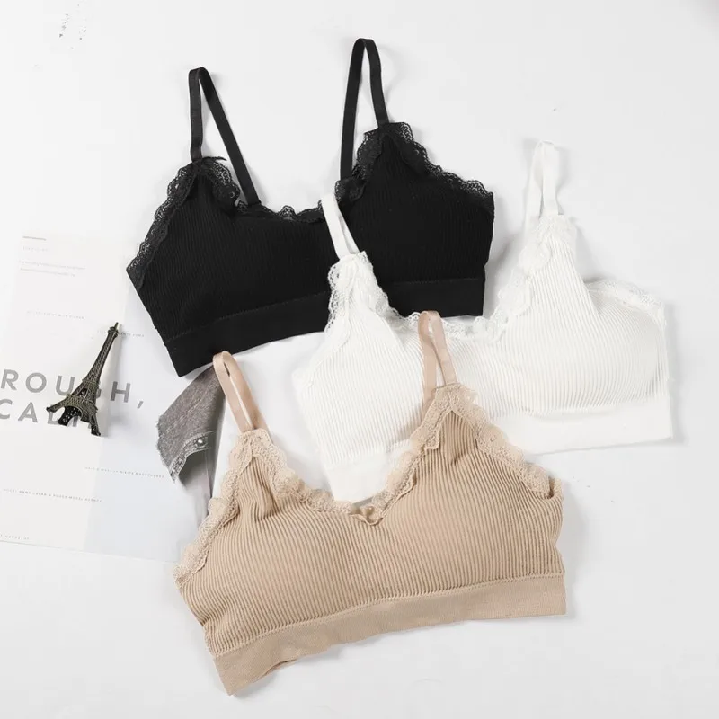 

Women Lace Knit Vest Sport Bra Padded Bras Warp Chest Crop Tops