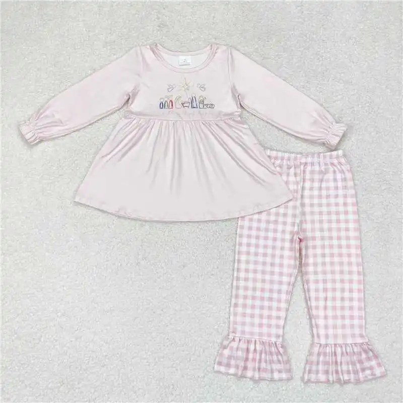 New Fashion Christmas Nativity Baby Boys Girls Blue Lace Long Sleeve Plaid Trouser Suit Wholesale Boutique Children Clothes