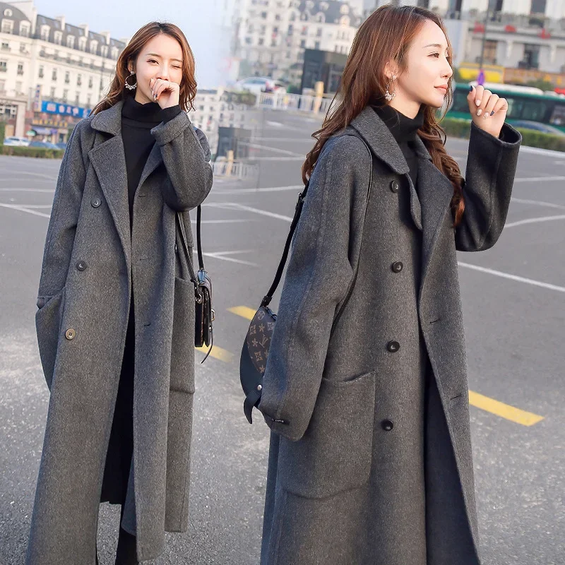 

Женское шерстяное пальто средней длины, осенне-зимнее свободное серое плотное шерстяное пальто выше колена в стиле Хепберн