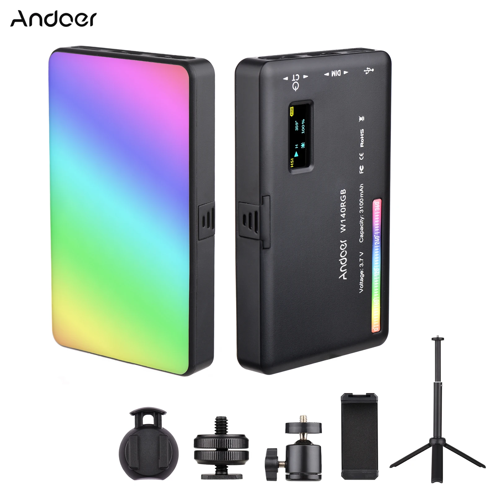 

Andoer W140 RGB LED Video Light Kit Pocket Video Conference Lighting CRI95+ 2500K-9000K Dimmable 20 Lighting Effects with Tripod