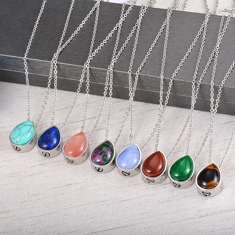 

Natural Stone Waterdrop Pendant Custom Engraved Stainless Steel Fashion Necklaces Ashes Keepsake Cremation Jewelry Gift Dropship