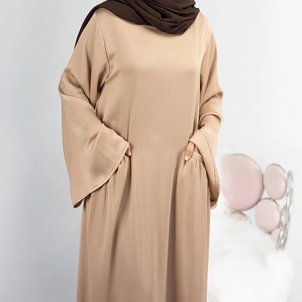 Muslim Woman Abaya Hijabs Dresses Turkey Dubai Islamic Clothing Moroccan Caftan Solid Color Loose Pocket Flared Sleeve Robe