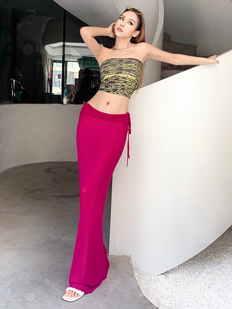 Модные однотонные Соблазнительные Клубные юбки макси Ahagaga Y2K уличная одежда