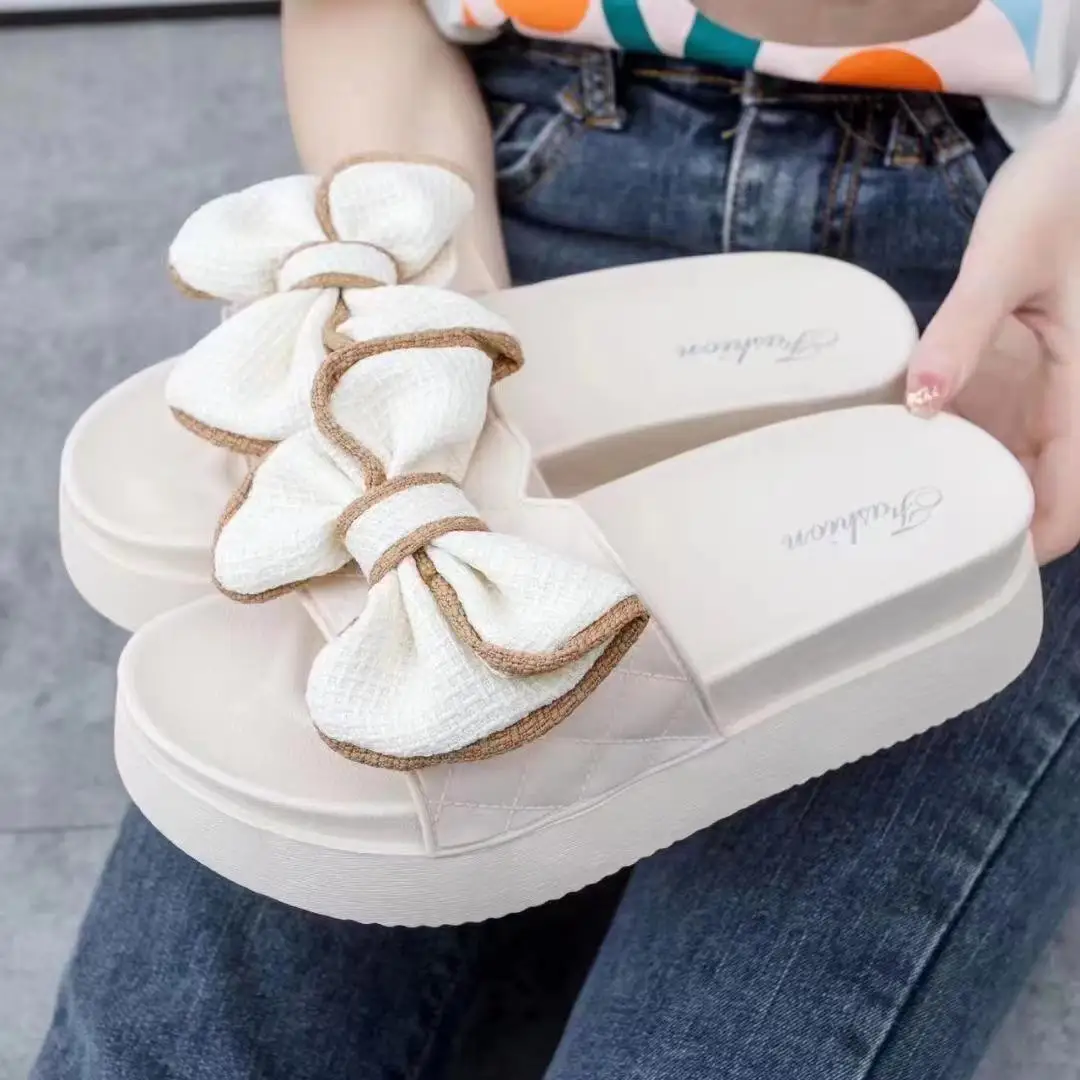 2023 Summer Slippers Bow Fashion Open Toe Solid Color Women's Sandals Metal Chain Outdoor Casual Women's Shoes  Fashion Shoes