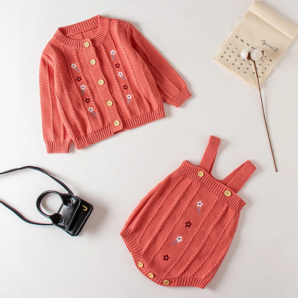 

Newborn Baby Girls Knitted Cardigan + Romper Suit 2pcs Embroidered New 2022 Spring Autumn Baby Girls Princess Suit Clothes