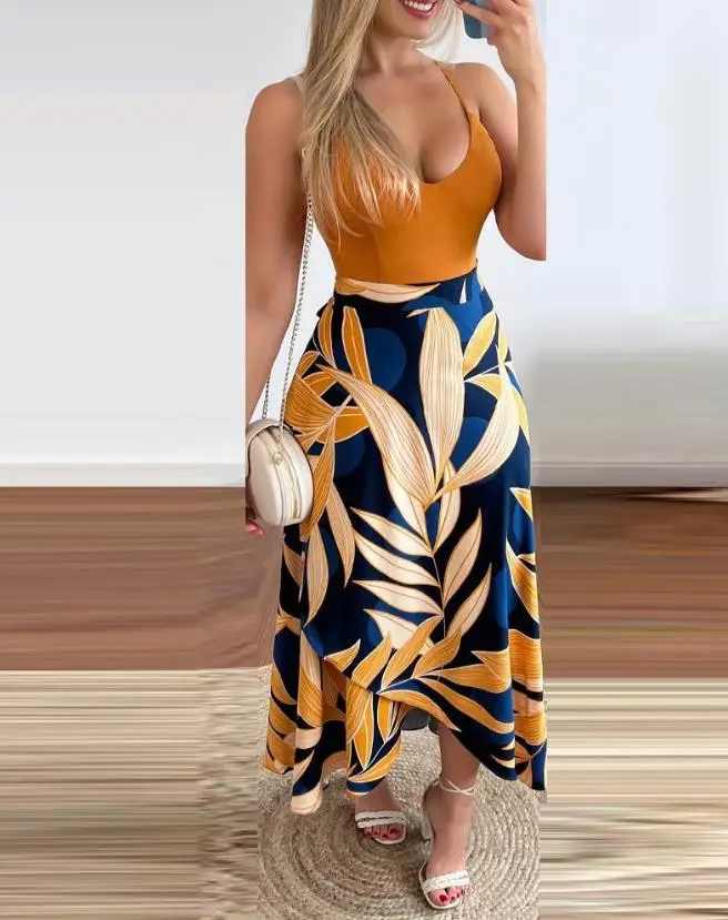 

Two Piece Sets Women Outifits 2023 Spring Fashion V-Neck Sleeveless Cami Top & Casual Tropical Print Tied Detail Daily Skirt Set