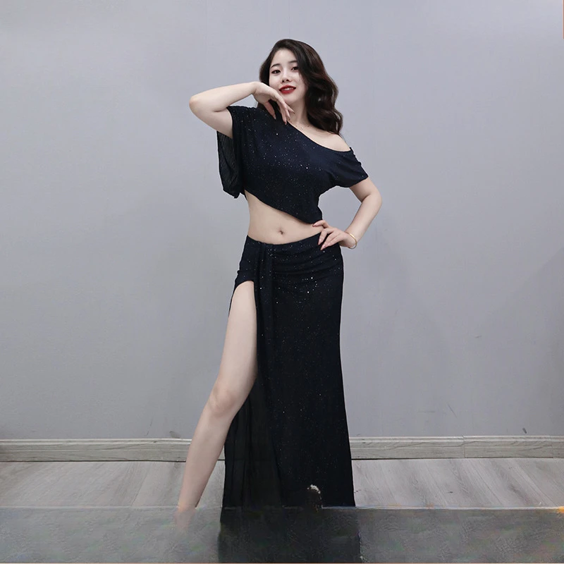 Костюм для танца живота женщин газовый топ с короткими рукавами + длинная юбка