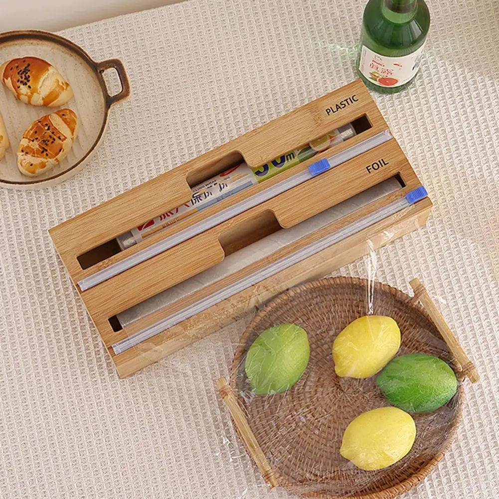 

Home Office Storage Plastic Wrap Dispenser Detachable 2-in-1 Rectangular Refillable Natural Bamboo Tin Foil Holder Kitchen