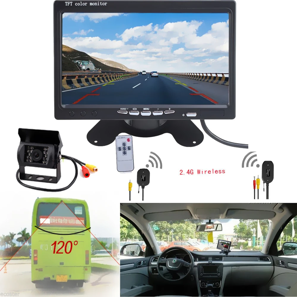 7 inch TFT LCD Car Rear view Parking Monitor + 12V / 24V Auto Rearview Backup Reverse Camera + Wireless Transmitter Receiver Kit