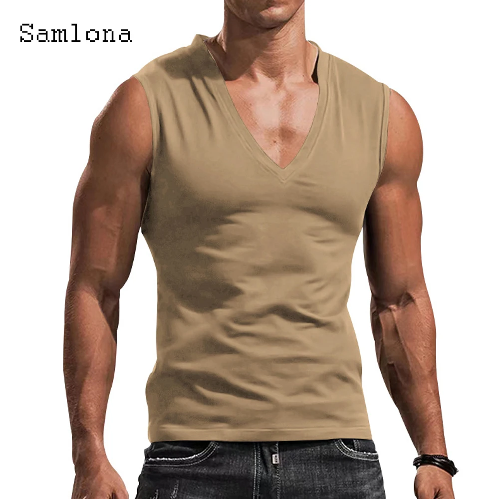 

Solid Khaki Casual V-neck Tank Tops Men Fitness Sport Pullovers 2023 Europe Sexy Vest Plus Size Men's Sleeveless Basic Tshirt