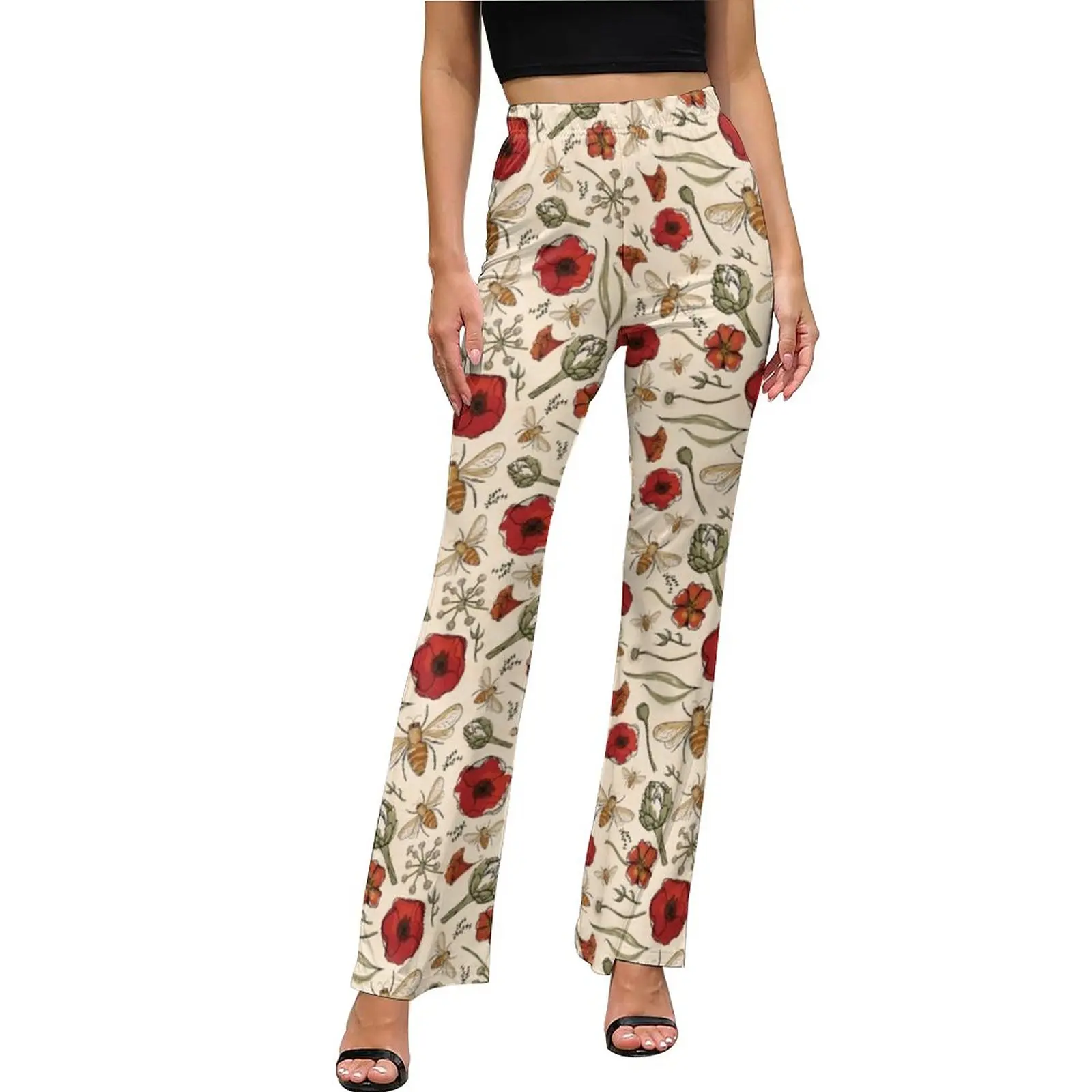 

Bumble Bees Pants Red Flower Print High Waisted Night Club Flare Trousers Spring Graphic Streetwear Pants Birthday Gift