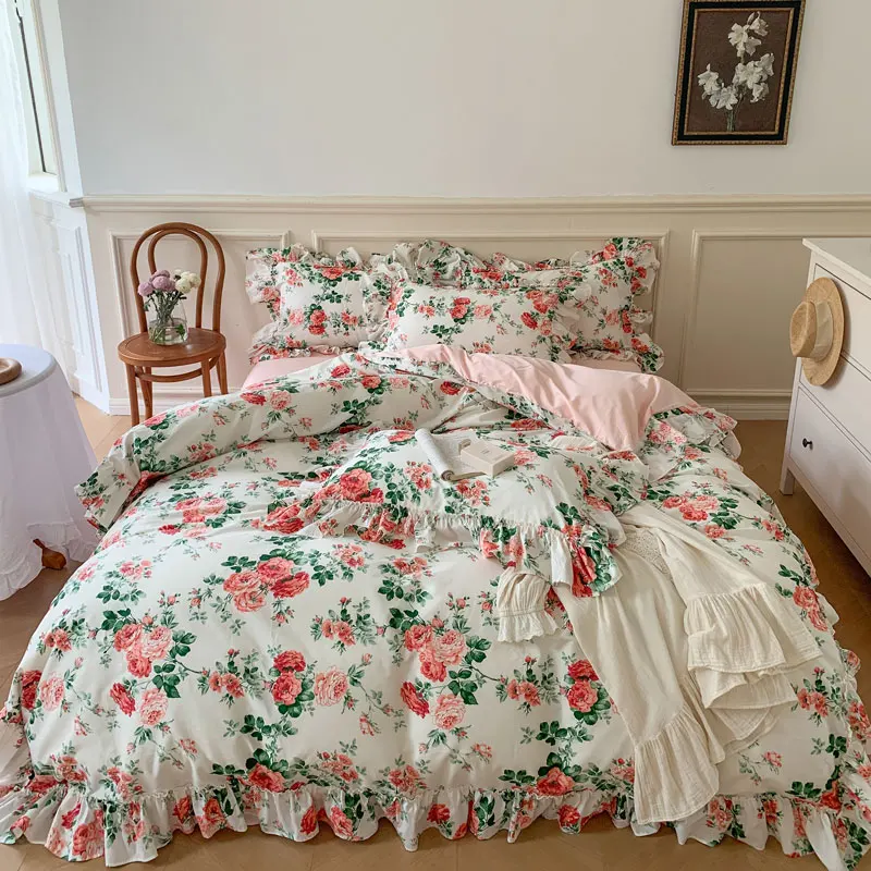 

French Vintage Bed Skirt Bedding Set 100% Cotton Rose Print Linen Set Lace Ruffles Duvet Cover Bed Sheet Fitted Sheet Pillowcase