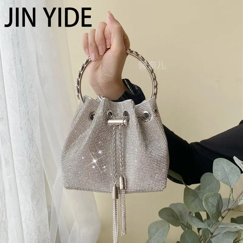 Luxury Diamonds Evening Bag Designer Crystal Mesh Bucket Handbags Rhinestones Chains Shoulder Crossbody Bags Small Party Purses