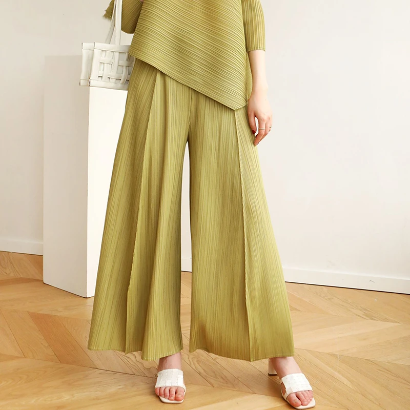 

Miyake Pleated Long Trousers Solid Color Drape Elastic Waist Wide Leg Pants Causal Style Loose Clothes 2022 Autumn Fashion
