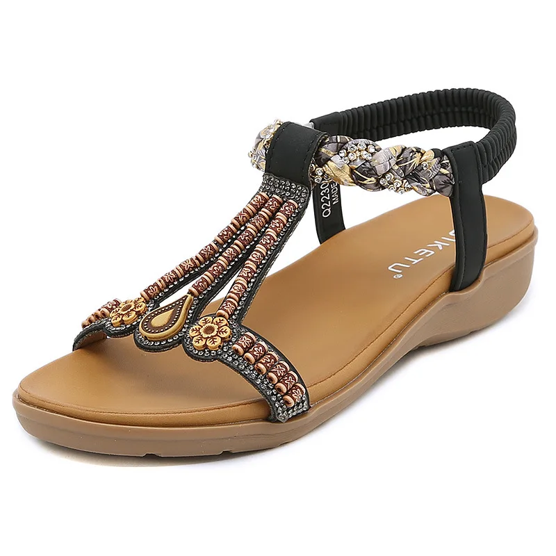 

Vintage Bohemia T-Strap Flat Thong Sandals Women's Shoes Bling Beads Slip On Wedge Sandals Woman Slingback Rhinestone Flip-Flops