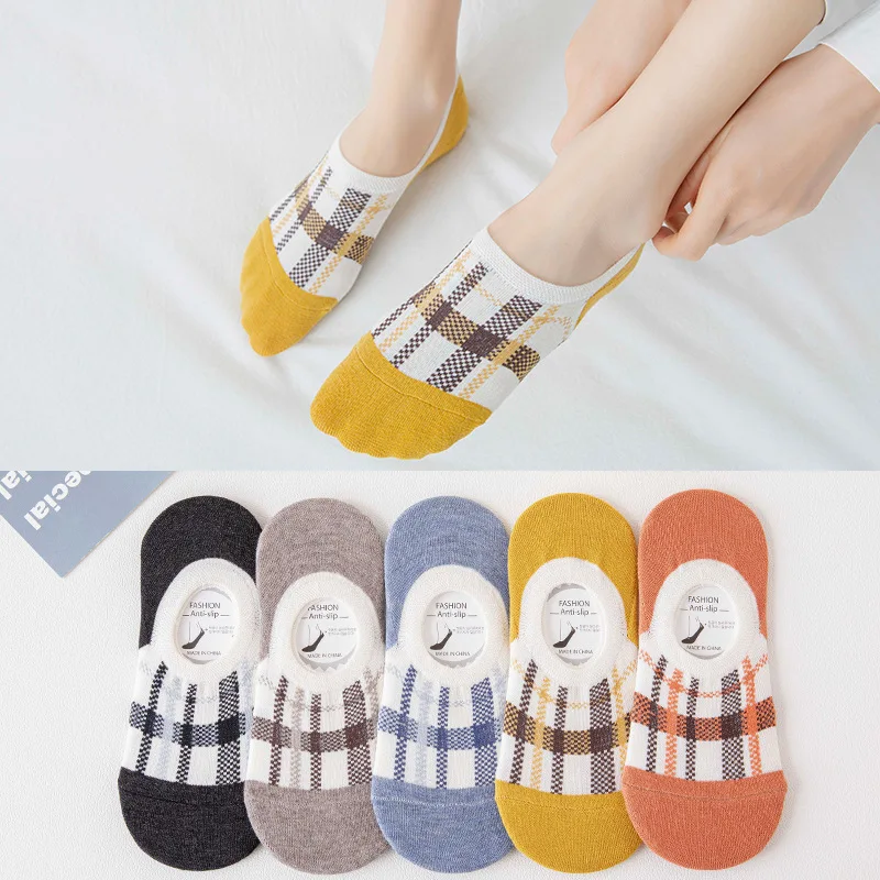 

5 Pairs Japanese Plaid Invisible Boat Socks Shallow Mouth Silicone Low Cut Socks Cotton Gradient Square Breathable Women Socks