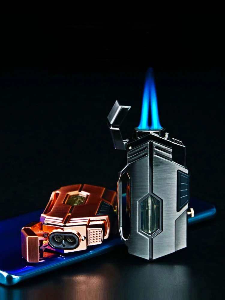 

New Cool Men's Cigar Double Fire Direct Lighter Strong Fire Blue Flame Gas Lighter Visible Window Cigarette Accessories Gift