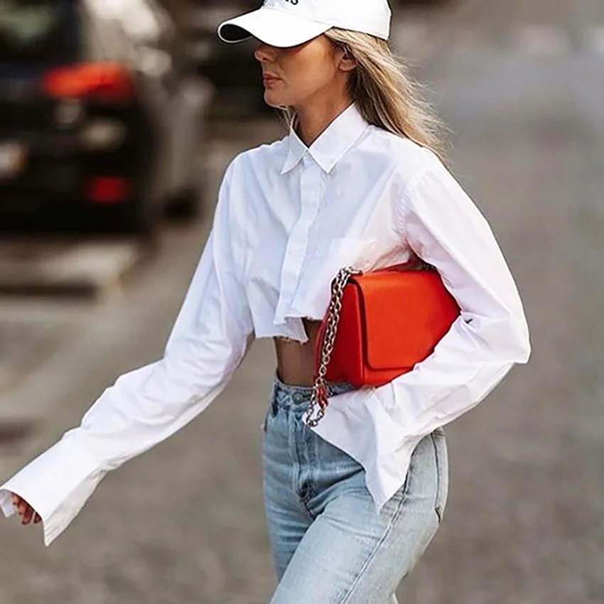 

NSHYPOI Women's Raw Edge Asymmetric Button White Shirt 2022 Summer Fashion Loose Short Sexy Long Sleeve Cardigan Top