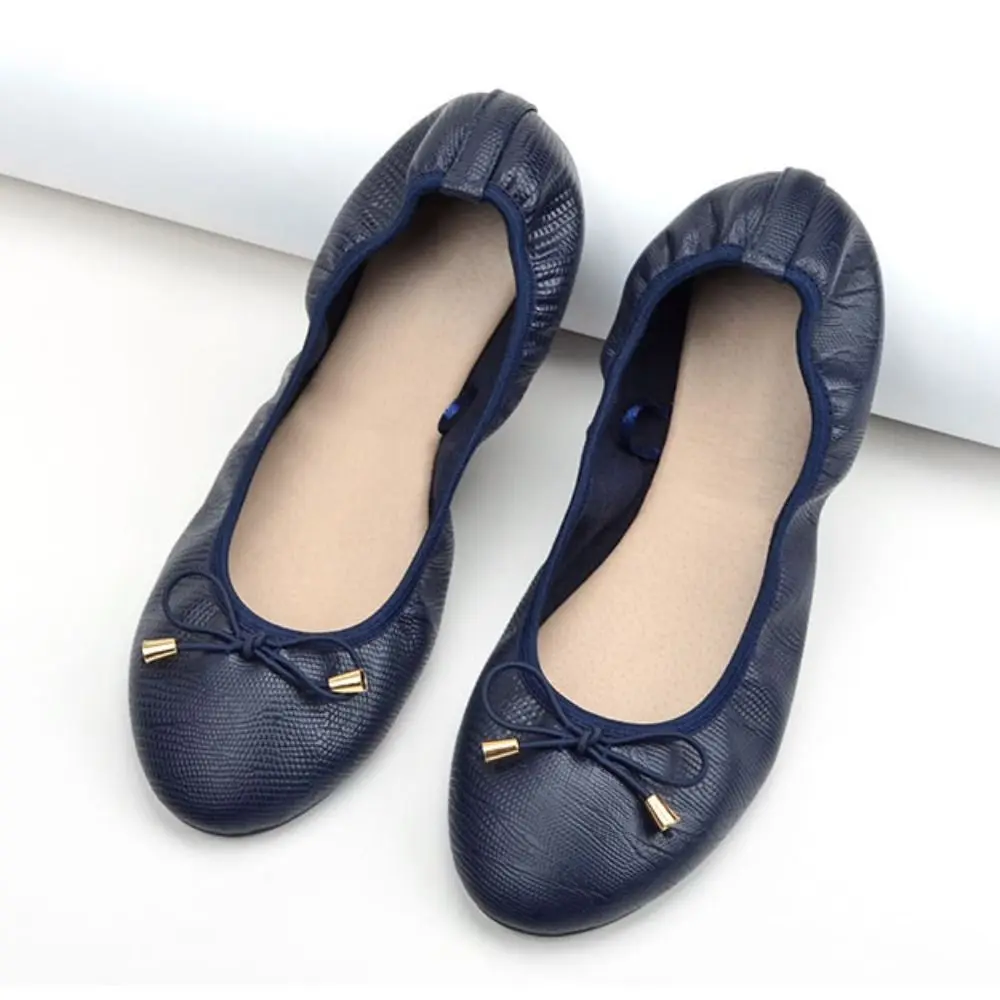 Балетки из искусственной кожи с неглубоким носком туфли на мягкой подошве бантом