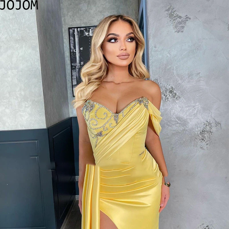 

Dress 2022 Women Yellow Beads Elegant Formal Dress Off The Shoulder Pleat Evening Dress Side Slit Women Evening Gowns