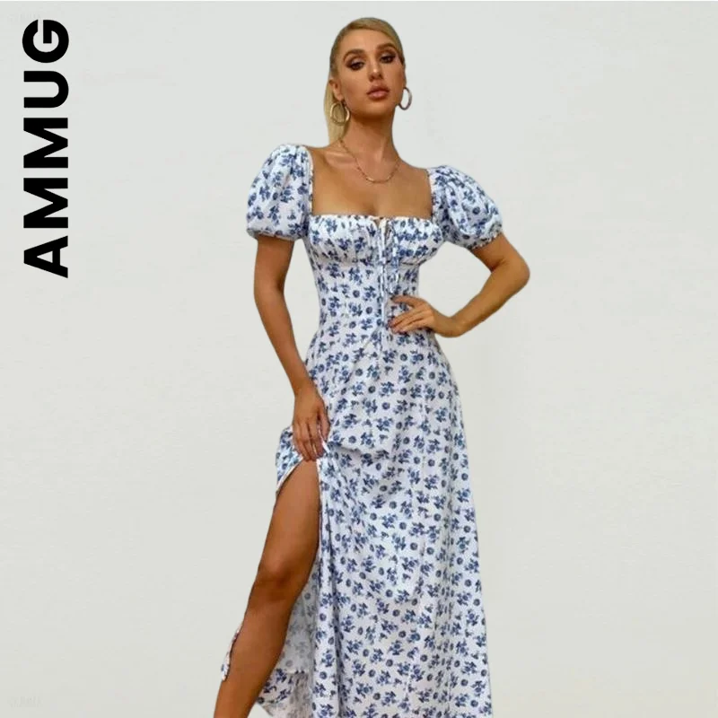 

Ammug New Dress Women Chic Robe Floral Print Puff Sleeve Tie Front High Split Dress Vocation Style Female Dresses Woman Vestidos