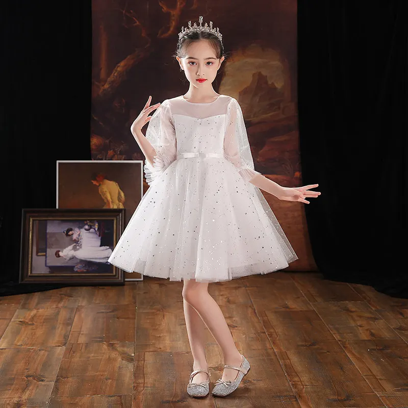 

Sequins Half Sleeves Knee-Length O-Neck Pleat Ball Gown White New Kids Party Communion Dresses Girl Dresses For Weddings A2093