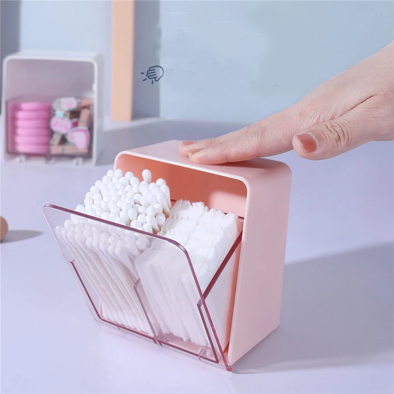 

Desktop Plastic Storage Box Division Double Cotton Swabs Cosmetic Cotton Storage Box Transparent Dustproof Storage Box With Lid
