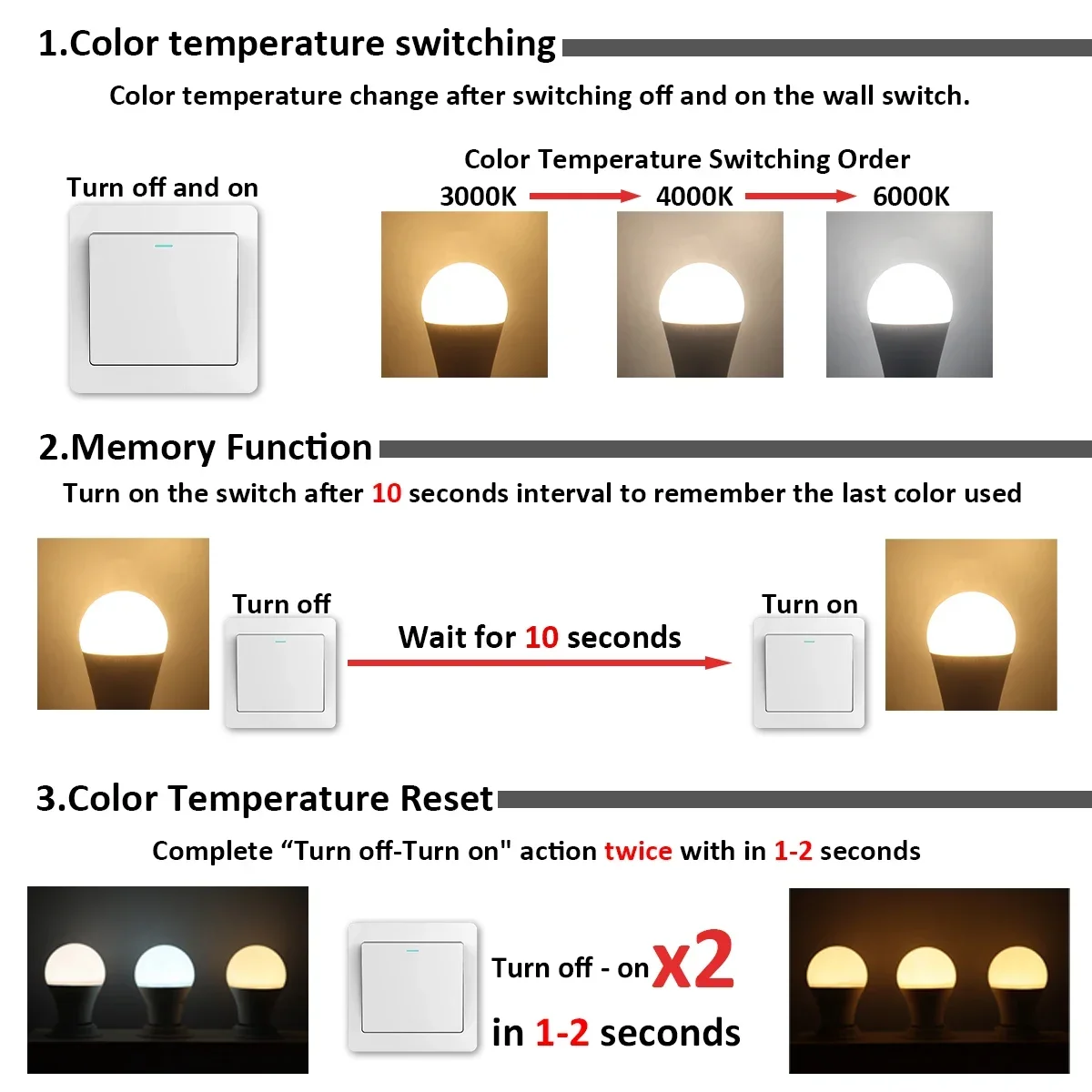 z 6 sztuk żarówek LED Tricolor Dimming AC220V 110V 18W 24W Przełącznik ścienny CCT 3000K 4000K 6000K Funkcja pamięci do domowej sypialni