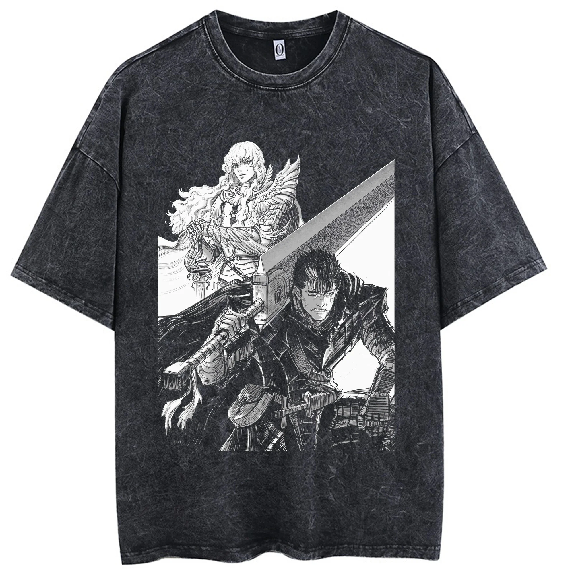 Anime Berserk Vintage Manga Acid Washed T Shirt 100% Cotton Tees Hip Hop Streetwear Short Sleeves Loose Harajuku Printed Tops