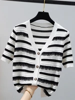 tshirts for women lace patchwork knitted cardigan tshirt short sleeve striped tee shirt femme summer womens clothing camisetas