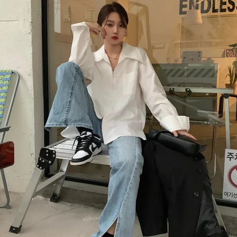 Korejepo белые рубашки с двойной молнией женские осенне-зимние однотонные простые