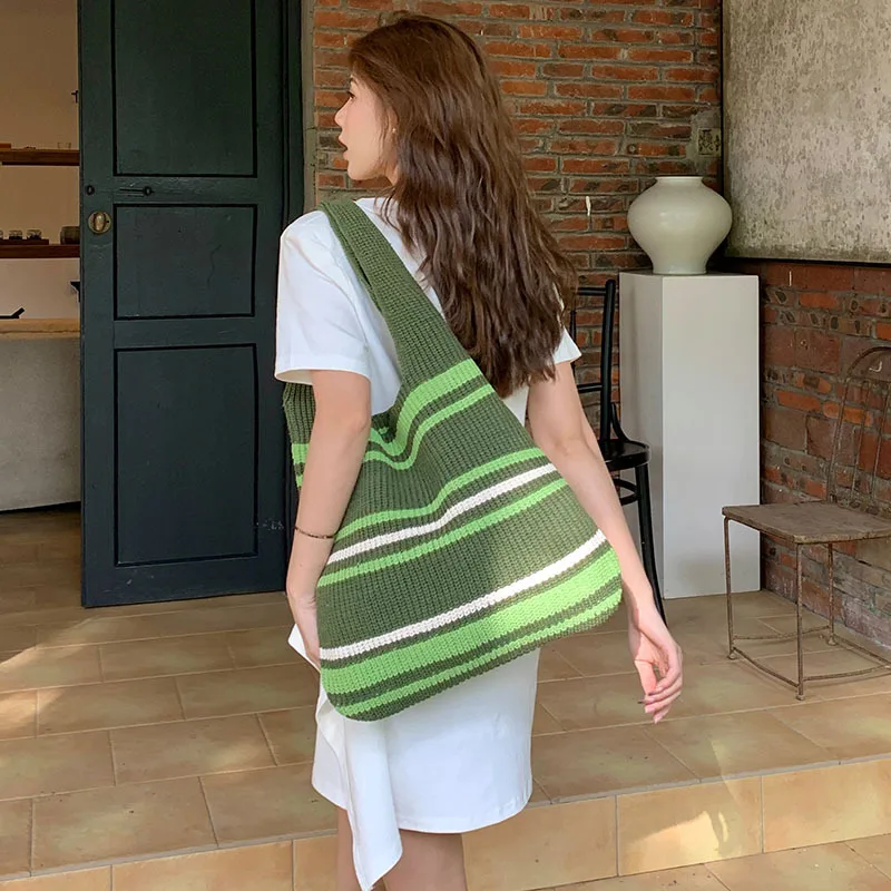 

Colorful Striped Shoulder Bag Women's Fashion Designer Large Casual Tote Knit Handwoven Shopping Bag Morandi French Minimalist