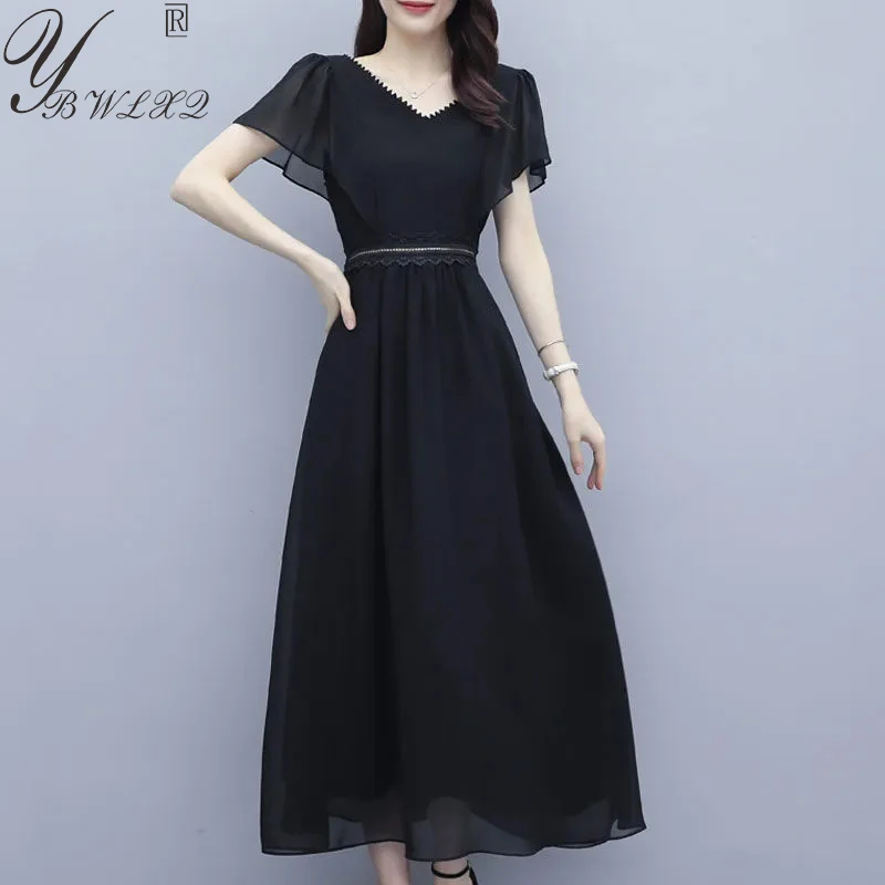 

M-4XL Большой размер Женское простое шифоновое платье Лето с коротким рукавом Модное элегантное длинное черное платье с v-образным вырезом Темпераментная женская одежда