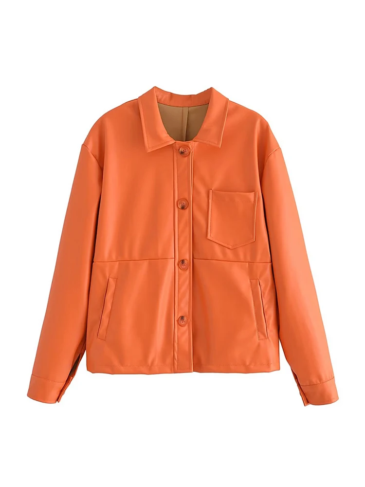 

Women's Fall 2022 New Casual Fashion Chic Faux Leather Patchwork Shirt Jacket Retro Lapel Long Sleeve Single Breasted Loose Top