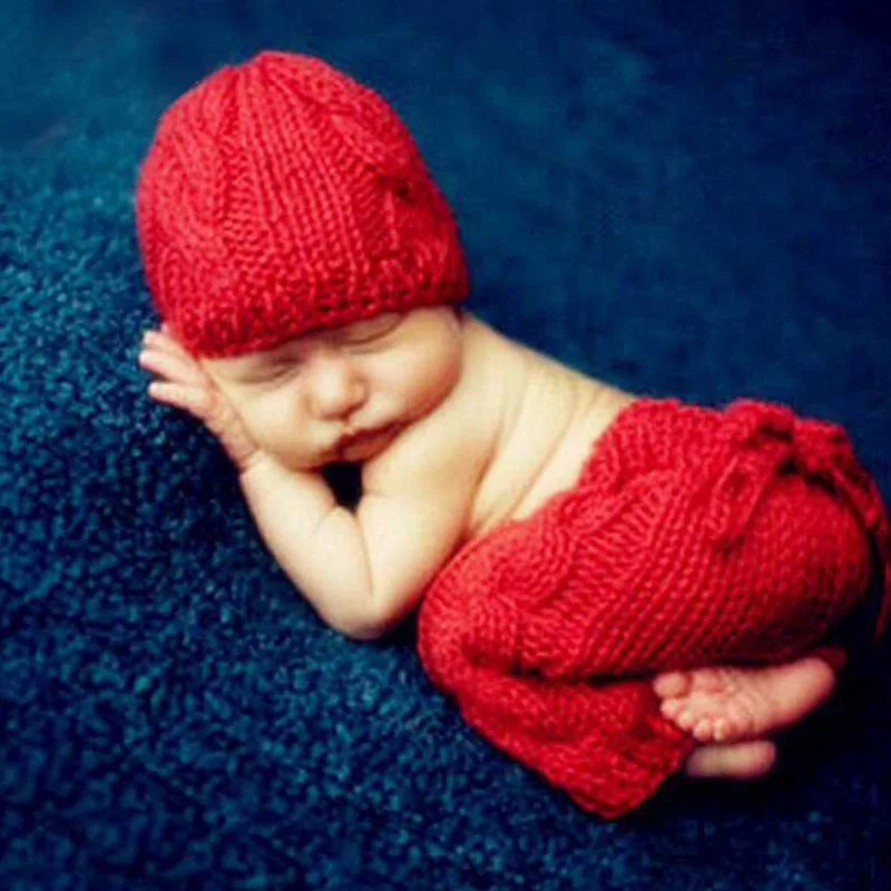 

New Fashion Breathable Newborn Knitted Hat with Pants Red Soft Handmade Baby Photography Set LXH