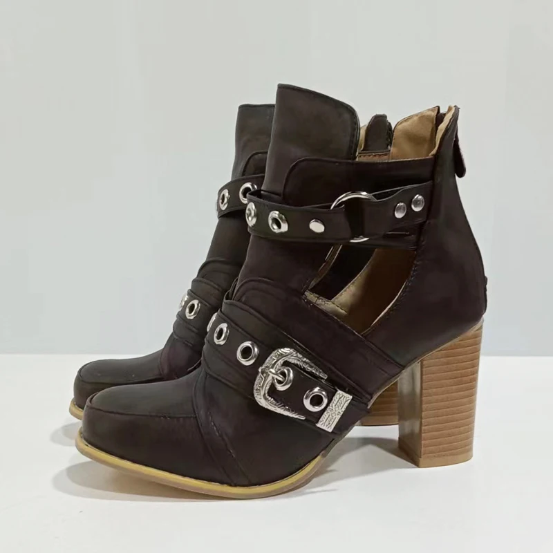 222 Summer Women Ankle Boots Black Thick Heels Leather Metal Riding Cowboy Boots Round Toe Western Short Booties Ladies Shoes