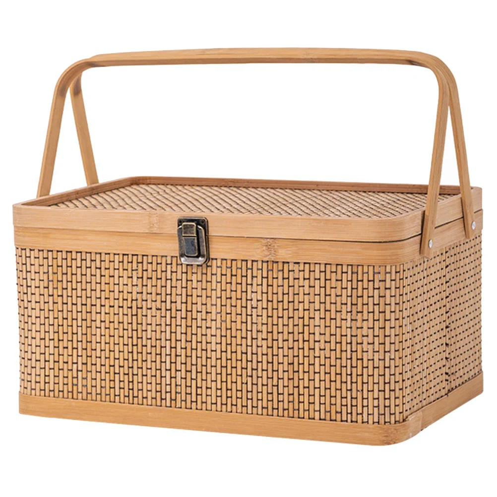 

Egg Storage Basket Bamboo Woven Baskets Weaved Container Lid Handheld Fruits Vegetable