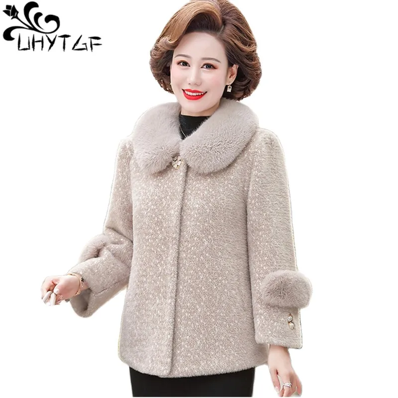 

UHYTGF Quality Mink Fleece Winter Woolen Coat Woman Middle-Aged Elderly Mother Warm Jacket Female Fur Collar Short Outewear 2339