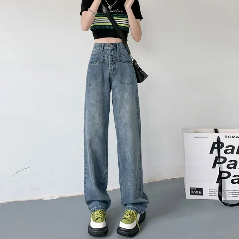

Elegant Temperament Fashion Denim Trousers Female Pocket Slit Design High Waist Straight Loose Casual Wide Leg Pants Retro