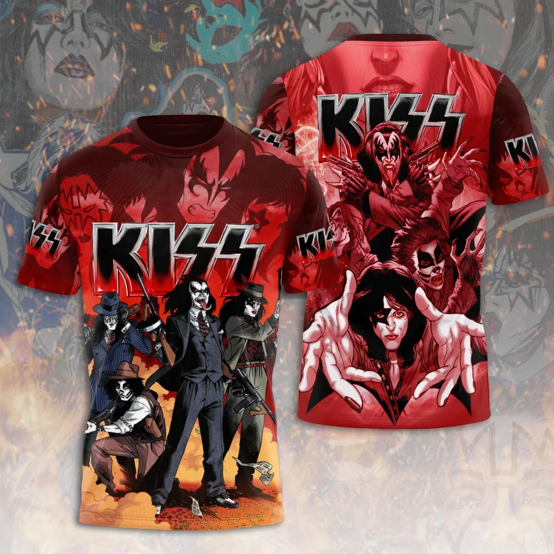Фото Футболки с 3D-принтом Rock Band Kiss, летние, для мужчин и женщин, забавные, в стиле хип-хоп, с коротким рукавом, круглым вырезом, уличный стиль, Y2K. №2