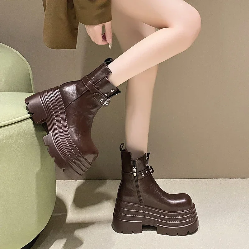 Женские кожаные полусапожки на высокой платформе 10 см зима-осень британская