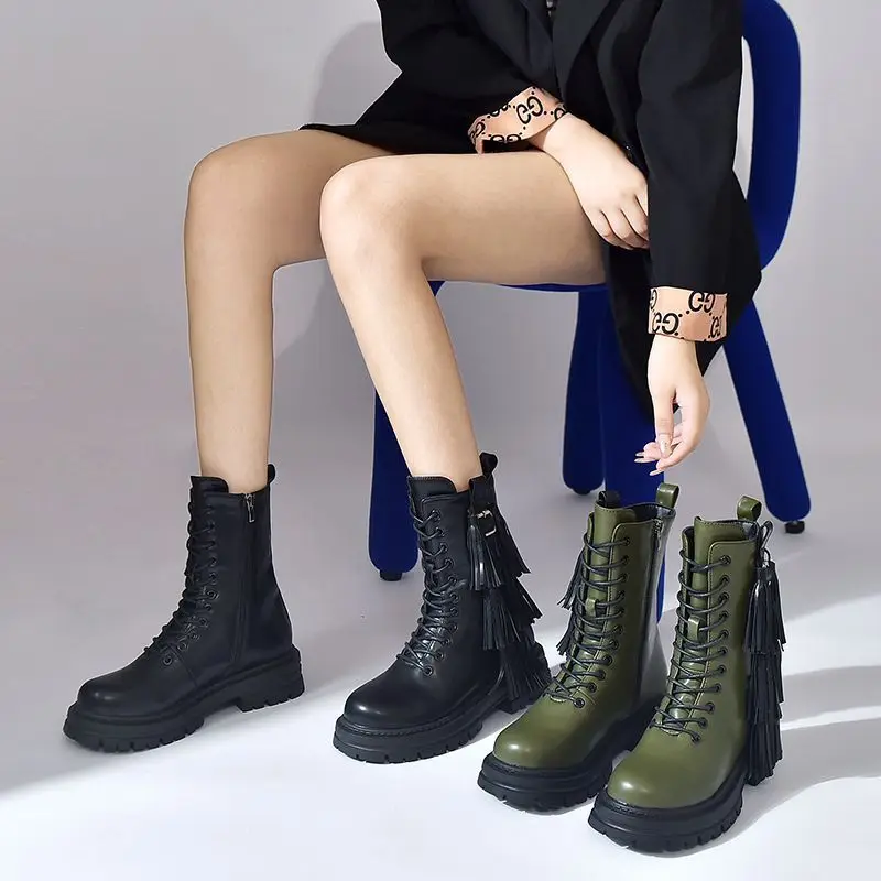 

35-43 Yards Plus Size Women's Shoes Martin Boots Women's English Lace-up Side Zipper Motorcycle Boots Boutique Tube Tassel Boots