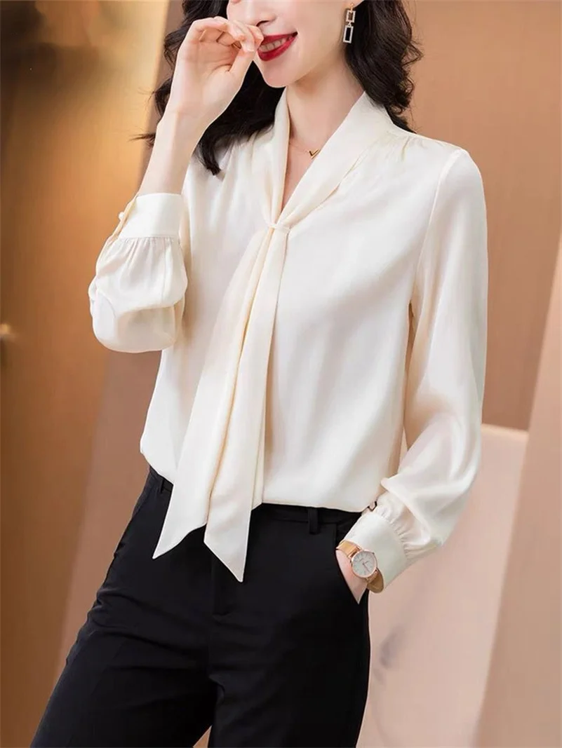 Женская однотонная атласная блузка с длинным рукавом и воротником-шарфом |