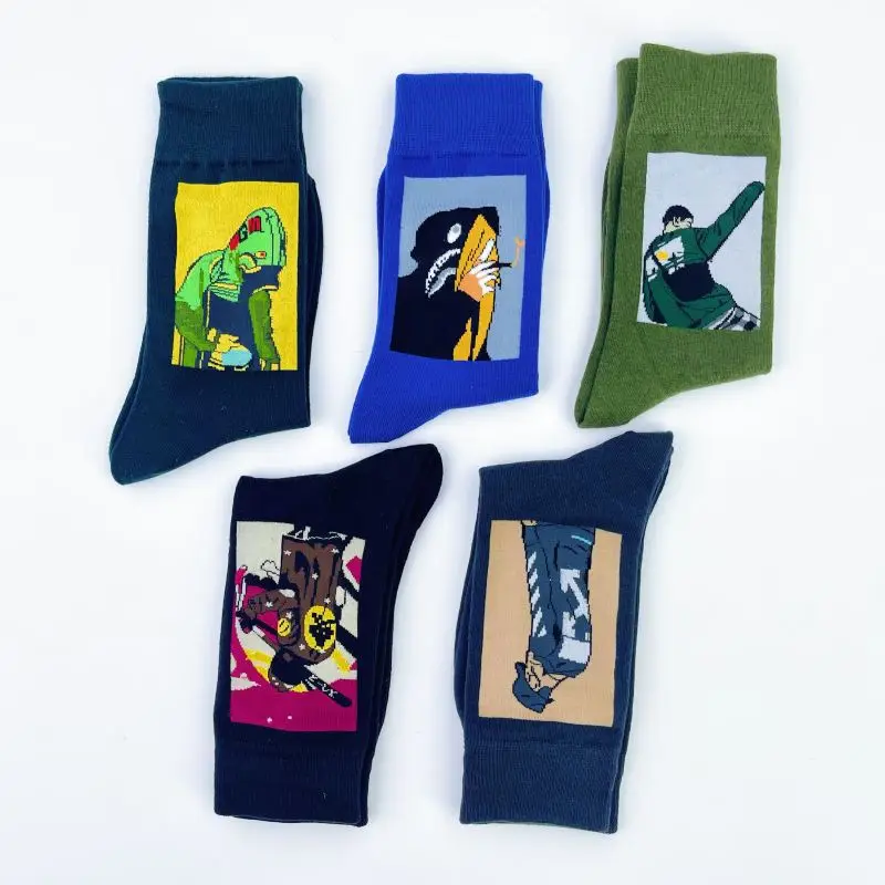 5 Pairs Men's Skateboard Cotton Socks Hip Hop Retro Personality Art Painting Socks Unisex Streetwear Funny Sport Harajuku Socks