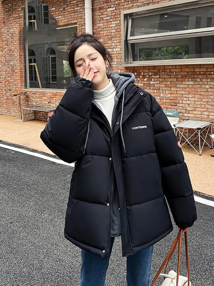 Cotton Padded Jacket Women Winter Spliced Hooded Jacket Women Loose Warm Short Parkas Coat Down Jacket Female Clothes