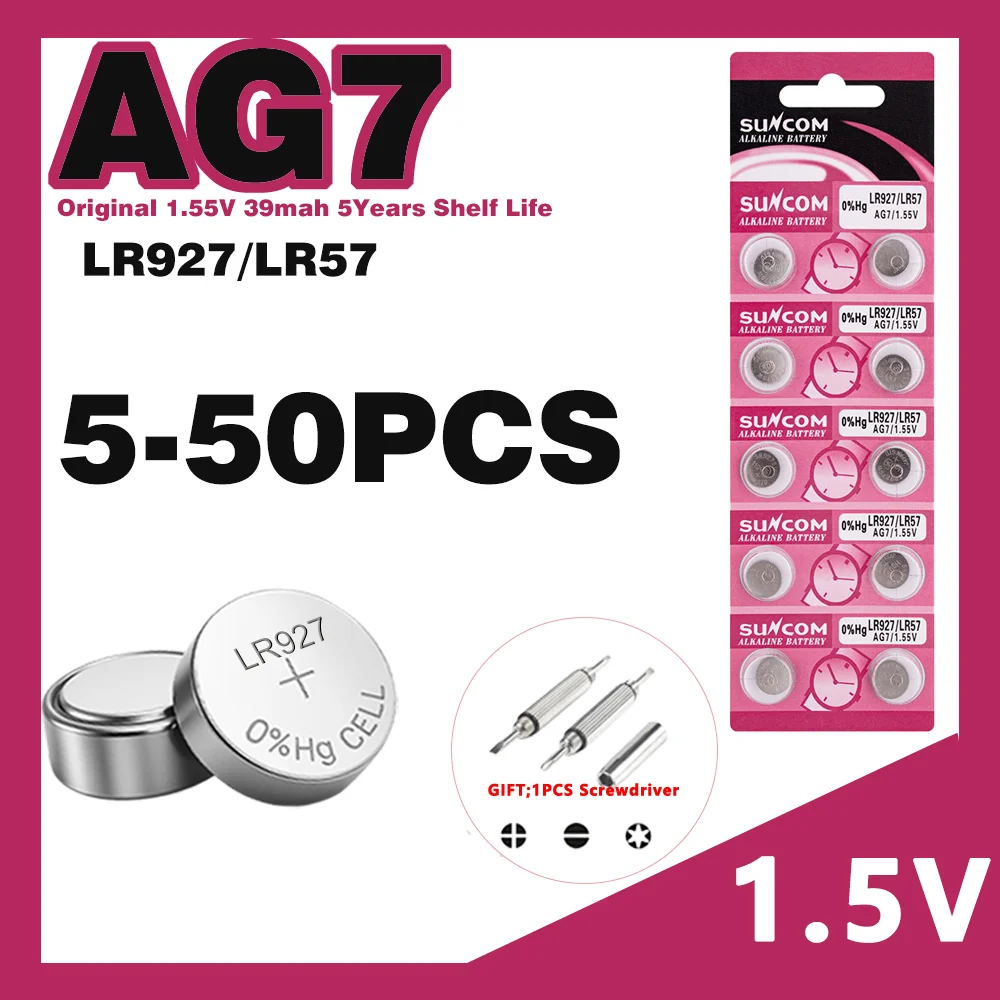 Фото 5-50 шт., 1,55 В, 39 мАч, щелочная батарея AG7 LR927 LR57 SR927W 399 GR927 395A, батарейки-таблетки для часов, игрушек, дистанционного управления №1