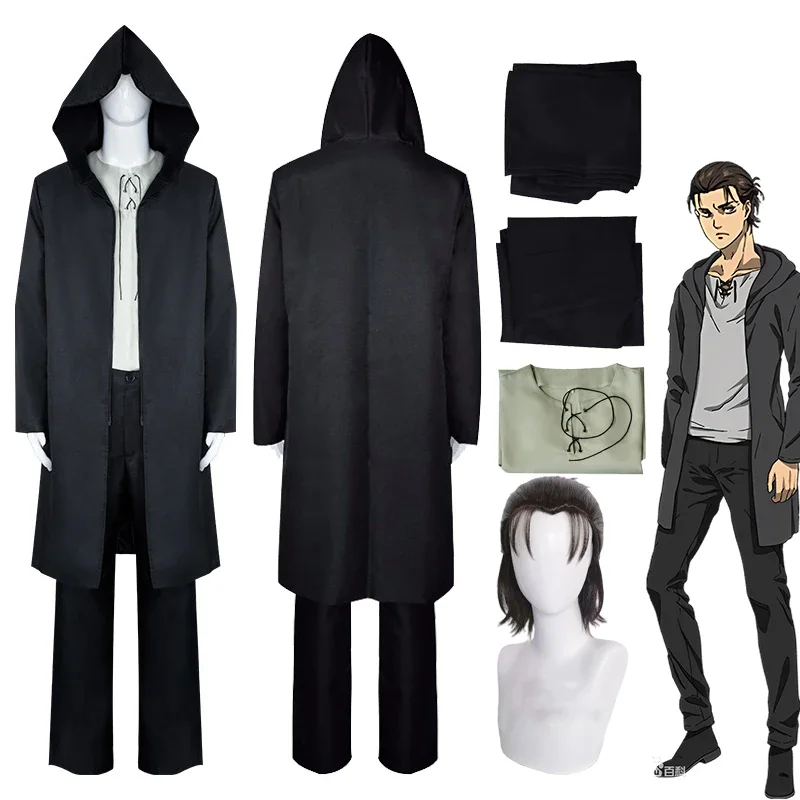 

Eren Jaeger temporada 4 disfraz de Anime ataque a los Titanes Eren Cosplay negro con capucha Trench camiseta pantalones ropa de