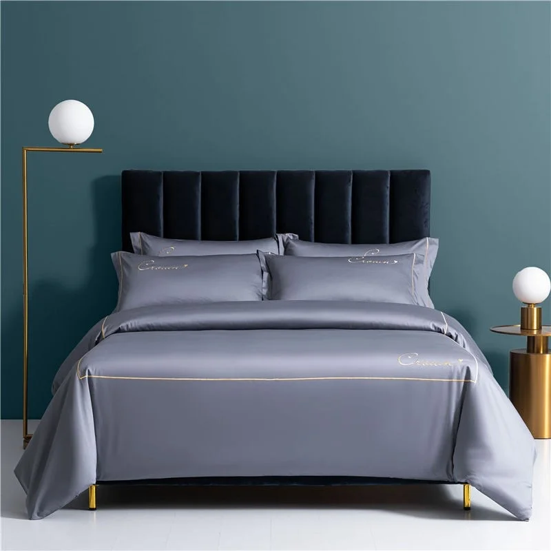 

Double Oueen King 4Pcs Ultra Soft 1000TC Egyptian Cotton Grayish Blue Duvet Cover Set Embroidery Bedding set Bedsheet Pillowcase