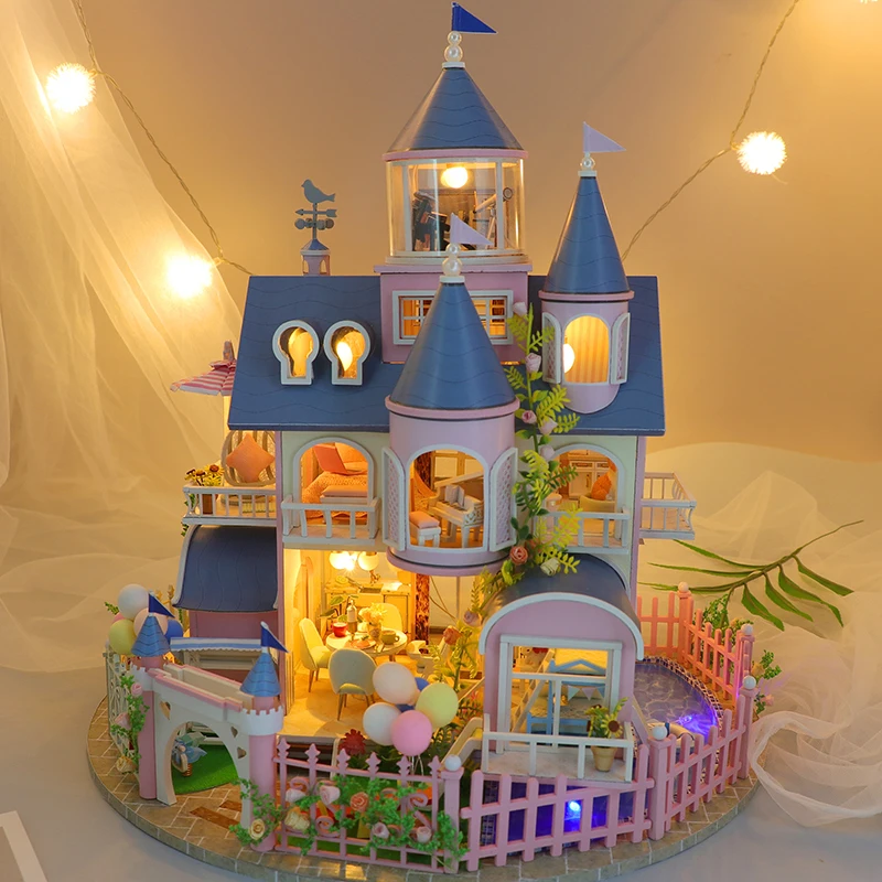 

DIY Wooden Doll Houses Miniature Building Kit Princess Fairy Castle Dollhouse with Furniture Villa Toys for Girls Birthday Gifts